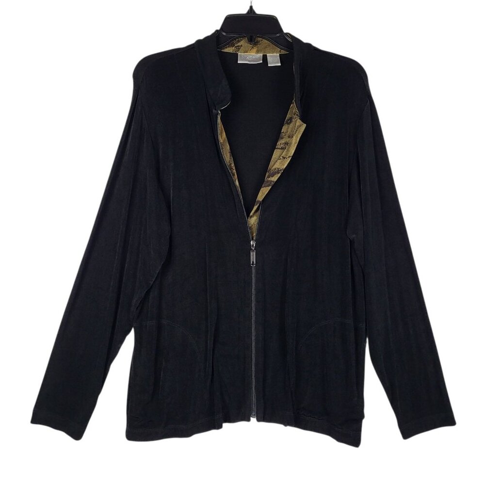 2 for $30 Chicos Liquid Knit Jacket‎ Women's Large  2 Black Brown Trim Full Zip